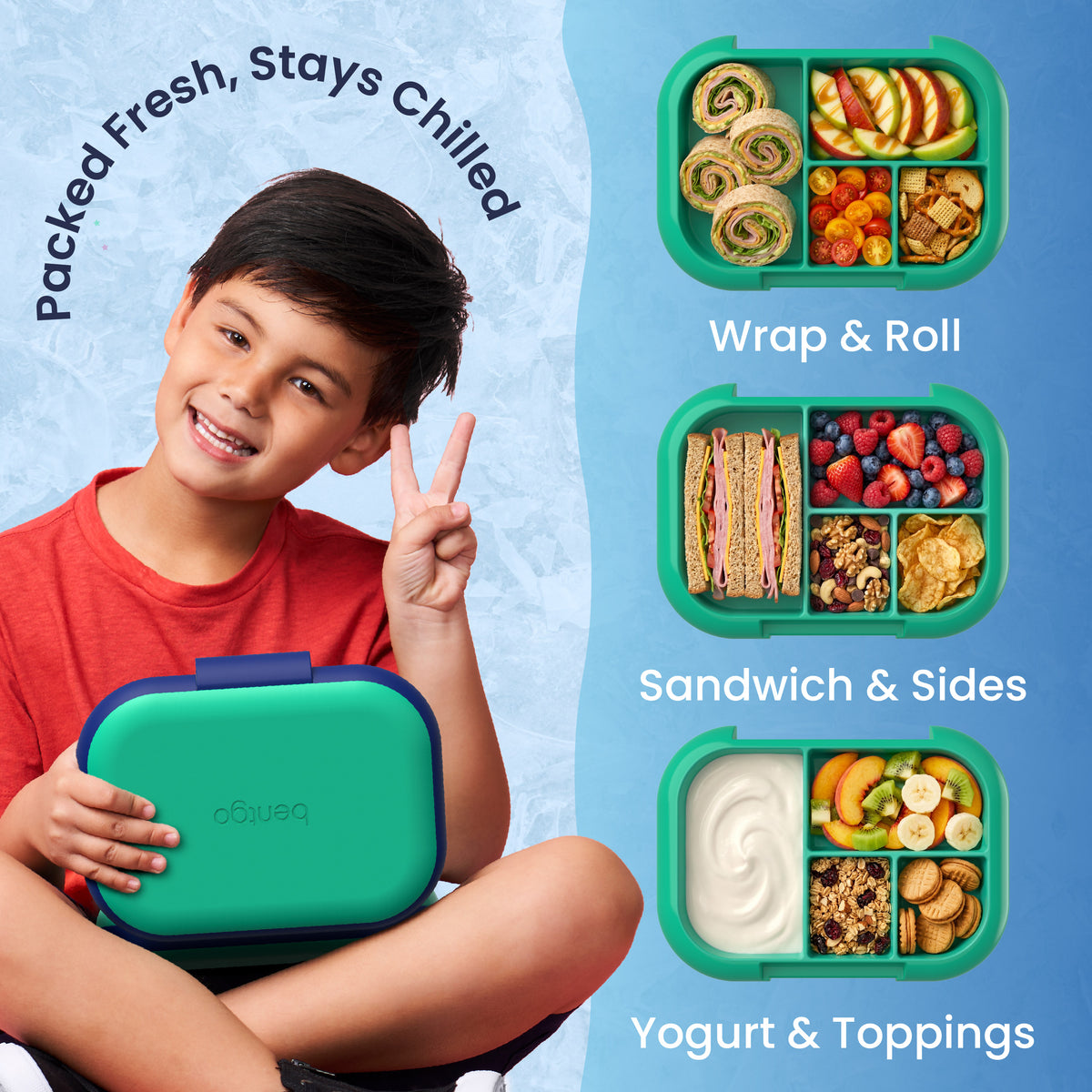 Bentgo Chill Kids Lunch Box (2-Pack) - Green/Navy | Packed Fresh, Stays Chilled - Wrap & Roll, Sandwich & Sides, and Yogurt & Toppings