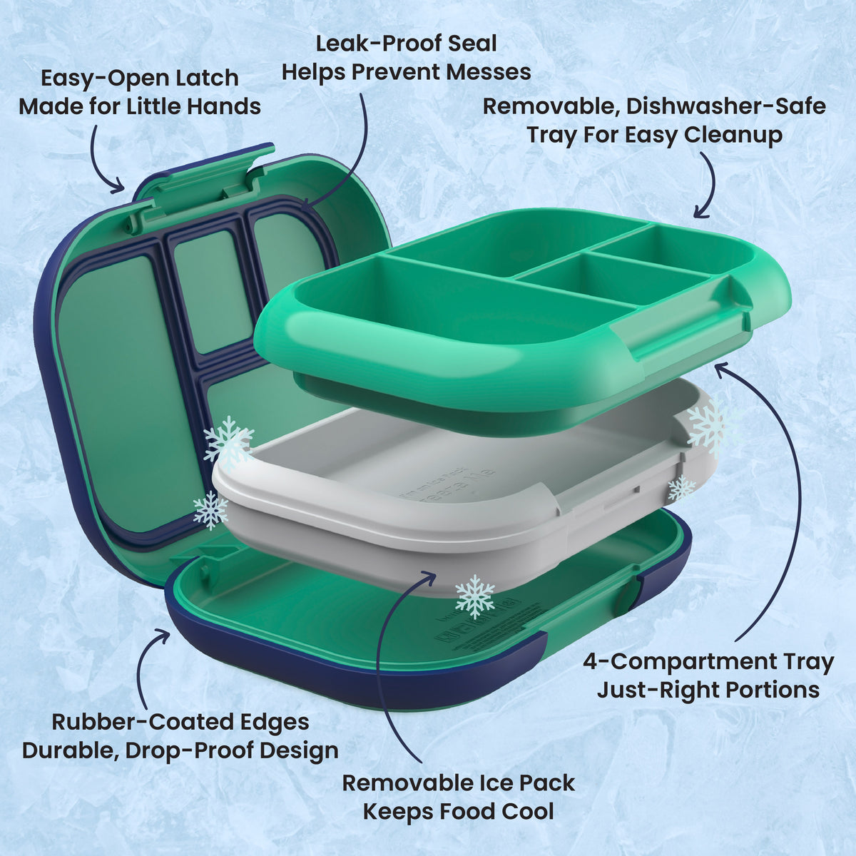 Bentgo Chill Kids Lunch Box (2-Pack) - Green/Navy | Easy-Open Latch Made For Little Hands, Leak-Proof Seal Helps Prevent Messes, Removable Dishwasher-Safe Tray For Easy Cleanup, 4-Compartments Tray Just-Right Portions, Removable Ice Pack Keeps Food Cool, and Rubber-Coated Edges Durable Drop-Proof Design