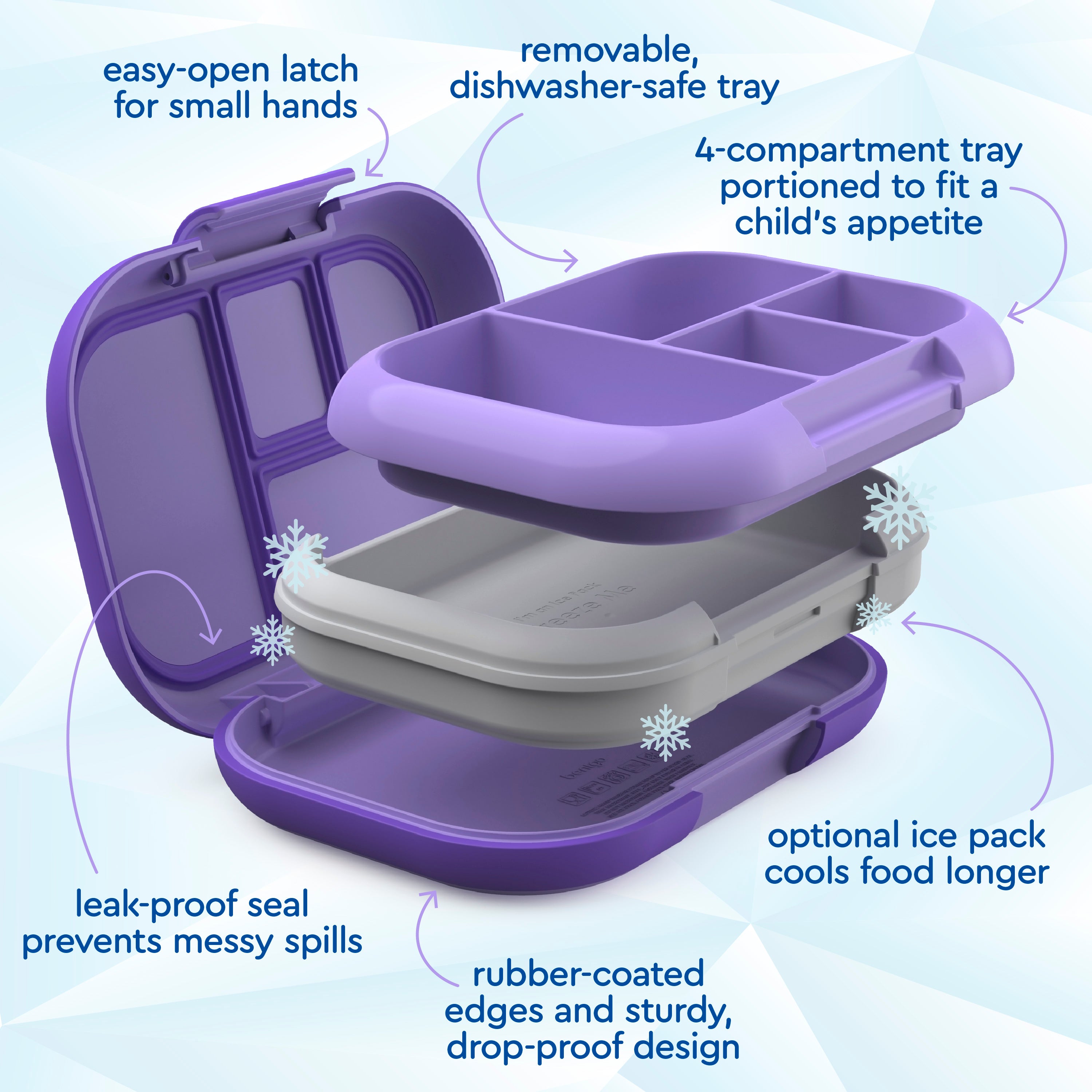 Bentgo® Chill Kids Lunch Box  - Purple | Easy-Open Latch For Small Hands, Removable, Dishwasher-Safe Tray, 4-Compartment Tray Portioned To Fit A Child’s Appetite, Leak-Proof Seal Prevents Messy Spills, Optional Ice Pack Cools Food Longer, Rubber-Coated Edges And Sturdy, Drop-Proof Design