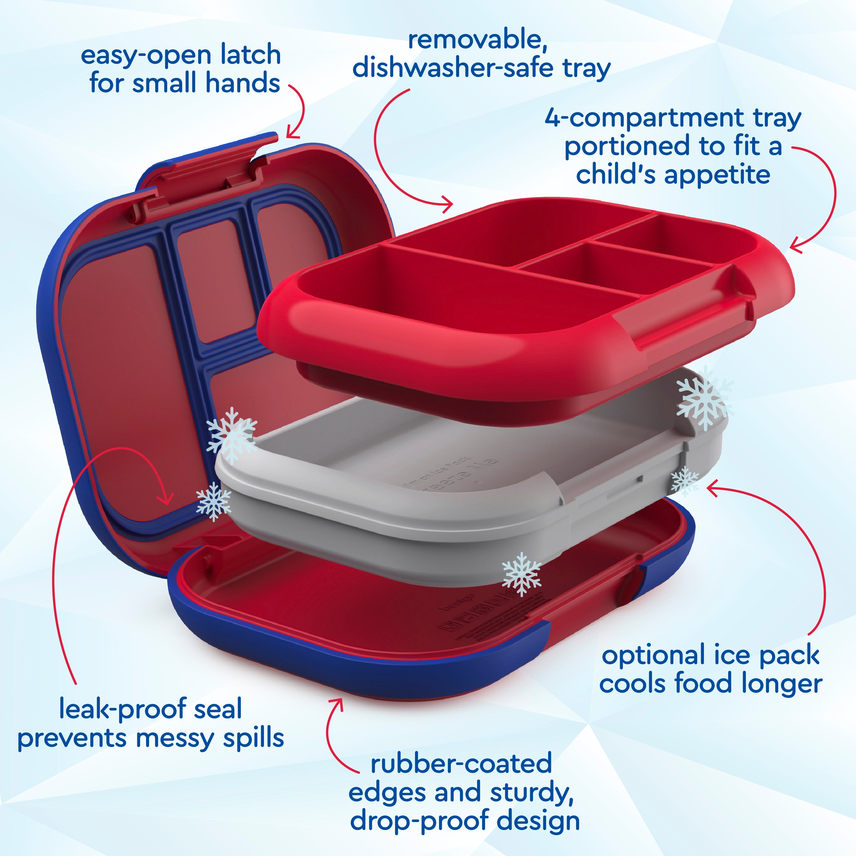 Bentgo® Chill Kids Lunch Box  - Red/Royal | Easy-Open Latch For Small Hands, Removable, Dishwasher-Safe Tray, 4-Compartment Tray Portioned To Fit A Child’s Appetite, Leak-Proof Seal Prevents Messy Spills, Optional Ice Pack Cools Food Longer, Rubber-Coated Edges And Sturdy, Drop-Proof Design
