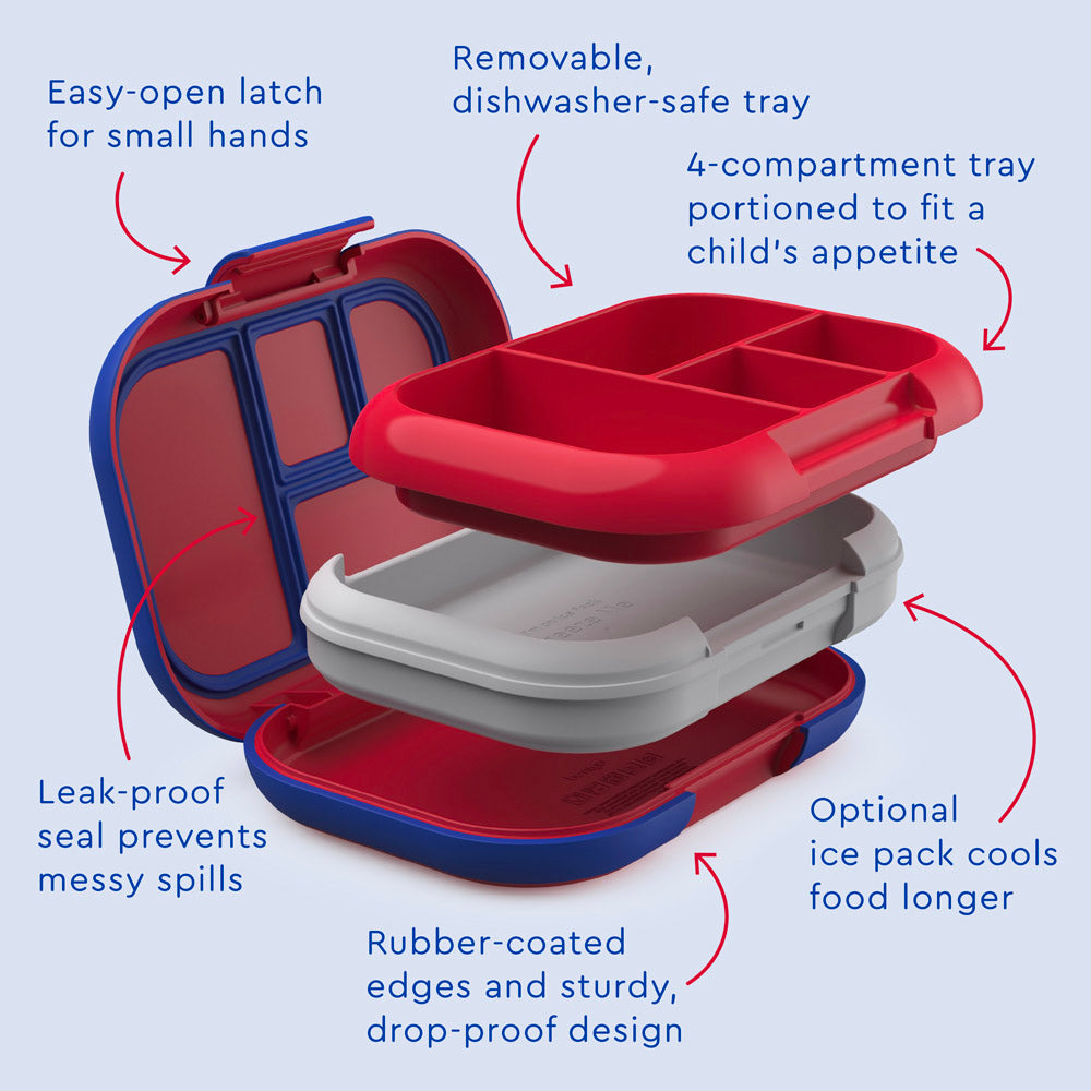 Bentgo® Kids Chill Lunch Box - Red/Royal | Kids Lunch Box Features Include Easy To Open And Close Latches, Leak-Proof Technology Keeps Lunch Fresh And Mess-Free, And Rubber-Coated Edges And Sturdy, Drop-Proof Design