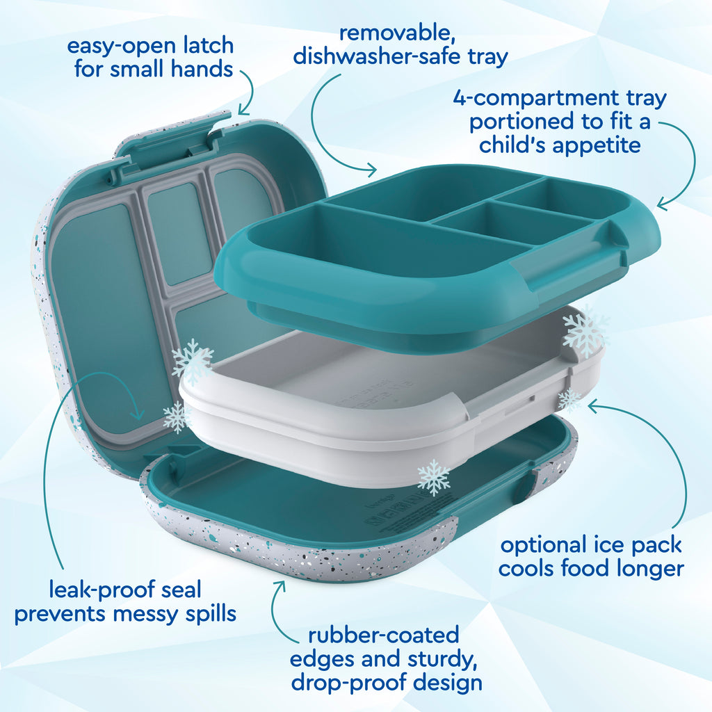 Bentgo® Kids Chill Lunch Box  - Truly Teal Speckle | Easy-Open Latch For Small Hands, Removable, Dishwasher-Safe Tray, 4-Compartment Tray Portioned To Fit A Child’s Appetite, Leak-Proof Seal Prevents Messy Spills, Optional Ice Pack Cools Food Longer, Rubber-Coated Edges And Sturdy, Drop-Proof Design