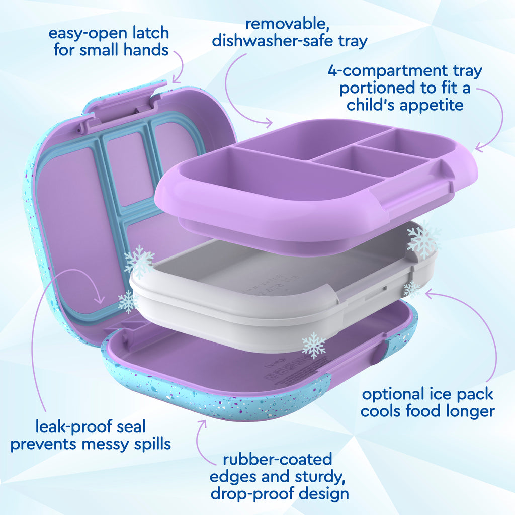 Bentgo® Kids Chill Lunch Box  - Vivid Orchid Speckle | Easy-Open Latch For Small Hands, Removable, Dishwasher-Safe Tray, 4-Compartment Tray Portioned To Fit A Child’s Appetite, Leak-Proof Seal Prevents Messy Spills, Optional Ice Pack Cools Food Longer, Rubber-Coated Edges And Sturdy, Drop-Proof Design