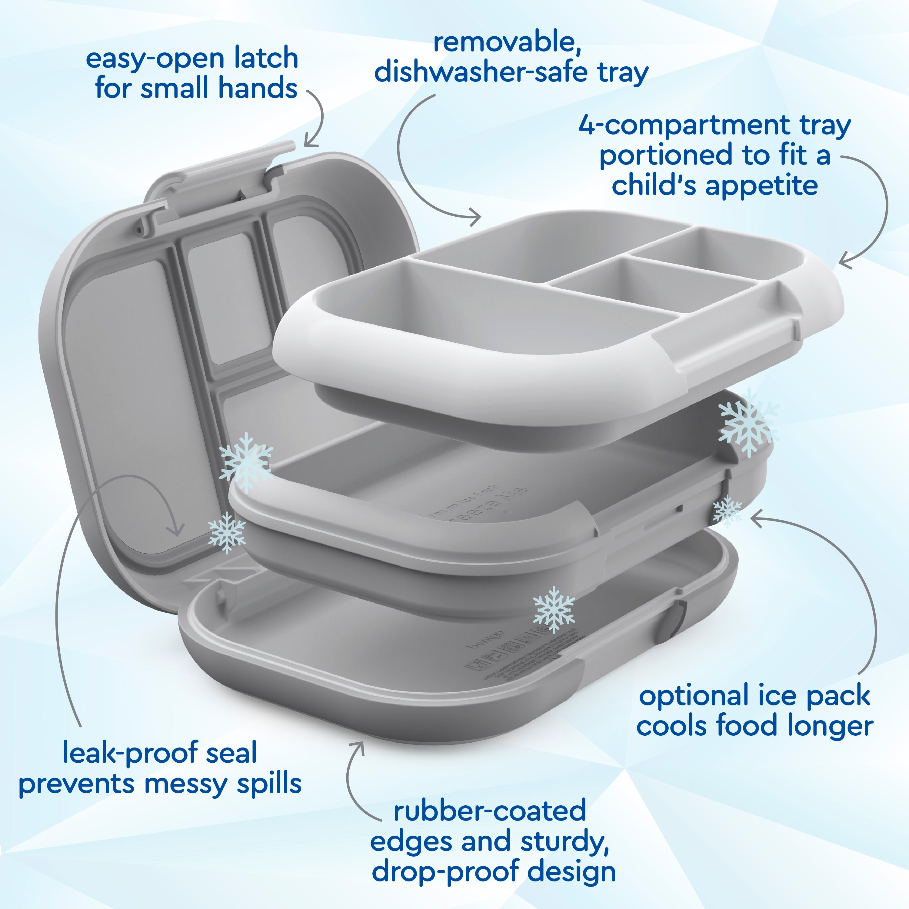 Bentgo® Chill Kids Lunch Box  - Gray | Easy-Open Latch For Small Hands, Removable, Dishwasher-Safe Tray, 4-Compartment Tray Portioned To Fit A Child’s Appetite, Leak-Proof Seal Prevents Messy Spills, Optional Ice Pack Cools Food Longer, Rubber-Coated Edges And Sturdy, Drop-Proof Design