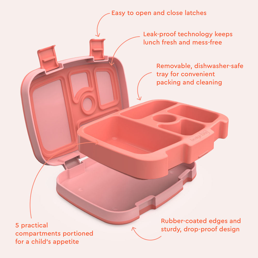 Bentgo® Kids Lunch Box - Coral | Kids Lunch Box Features Include Easy To Open And Close Latches, Leak-Proof Technology Keeps Lunch Fresh And Mess-Free, And Rubber-Coated Edges And Sturdy, Drop-Proof Design