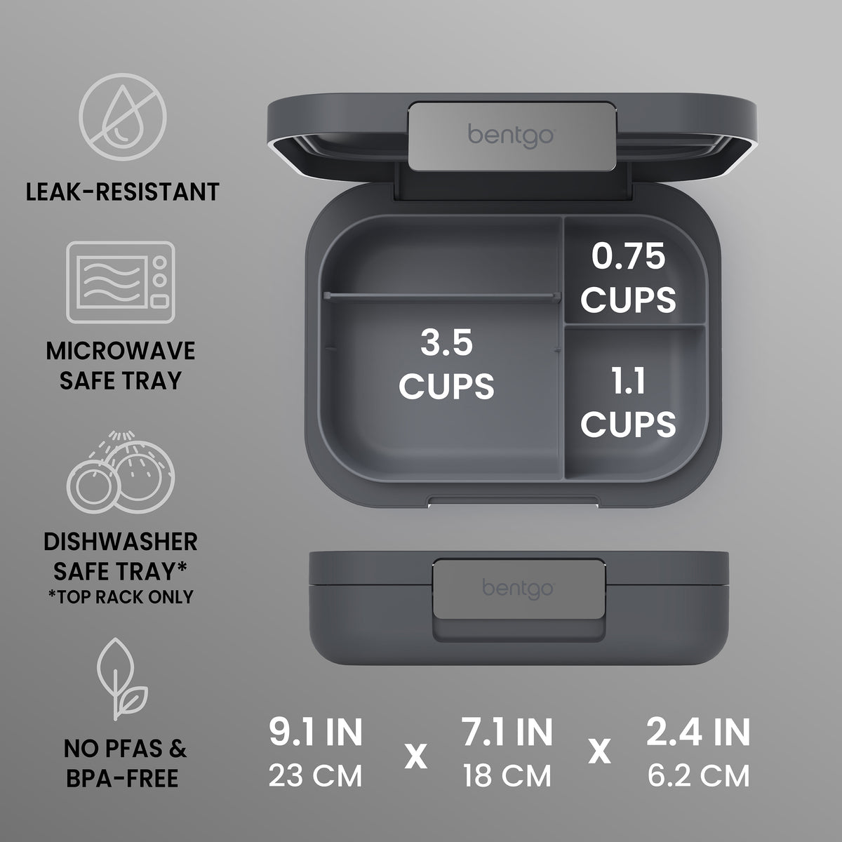 Bentgo® Modern Lunch Box - Dark Gray | Product Dimensions | Leak-Resistant, Microwave Safe Tray, Dishwasher Safe Tray, and No PFAs & BPA-Free