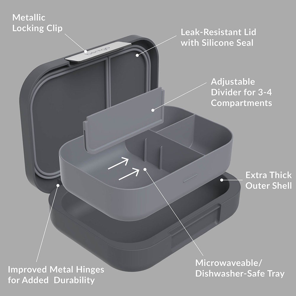 Bentgo® Modern Lunch Box - Dark Gray | Metallic Locking Clip, Leak-Resistant with Silicone Seal, Adjustable Divider for 3-4 Compartments, Extra Thick Outer Shell, Improved Metal Hinges For Added Durability, And Microwaveable/Dishwasher-Safe Tray