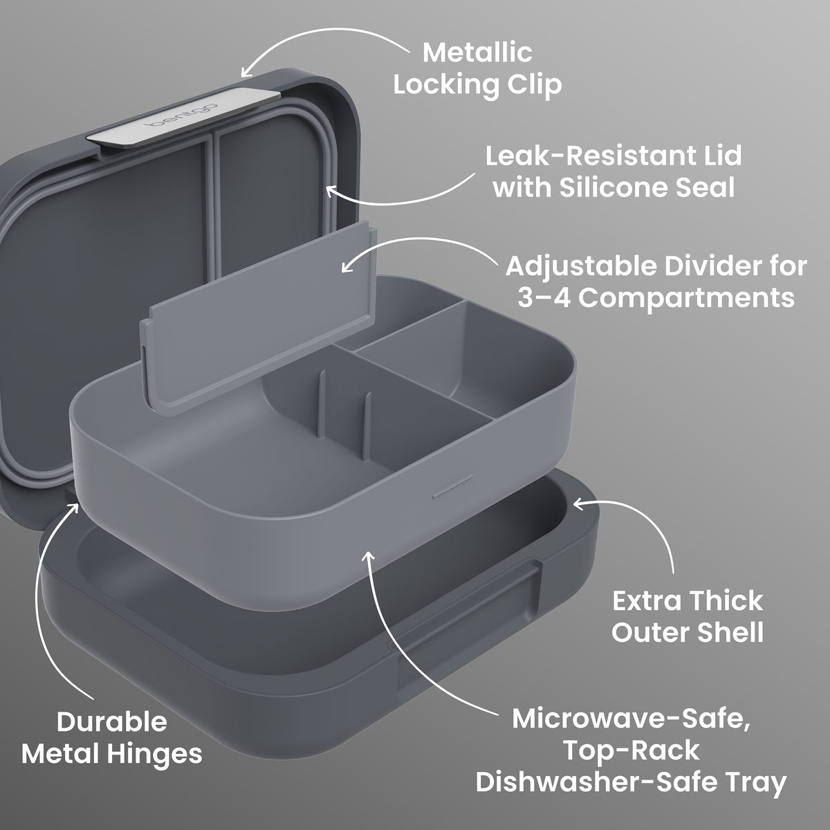 Bentgo Modern Lunch Box (2 Pack) - Dark Gray | Metalliz Locking Clip, Leak-Resistant Lid With Silicone Seal, Adjustable Divider For 3-4 Compartments, Extra Thick Outer Shell, Microwave-Safe Top-Rack Dishwasher-Safe Tray, and Durable Metal Hinges