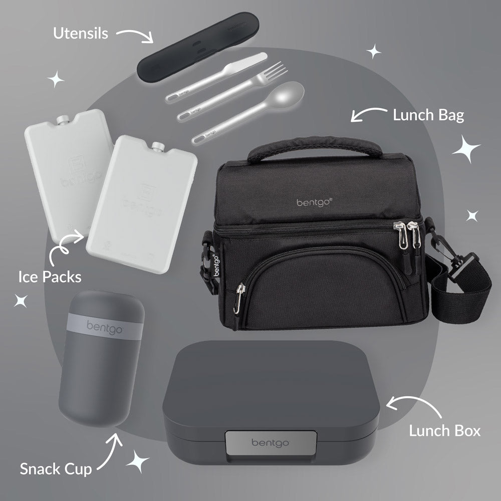 Bentgo® Modern Lunch Box Features - Dark Gray. Make it a lunch set with matching utensils, ice packs, a snack cup & a lunch bag.