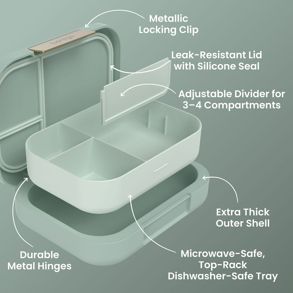 Bentgo® Modern Lunch Box - Mint Green | Metallic Locking Clip, Leak-Resistant Lid with Silicone Seal, Adjustable Divider for 3-4 Compartments, Durable Metal Hinges, Extra Thick Outer Shell, and Microwave-Safe, Top-Rack Dishwasher-Safe Tray