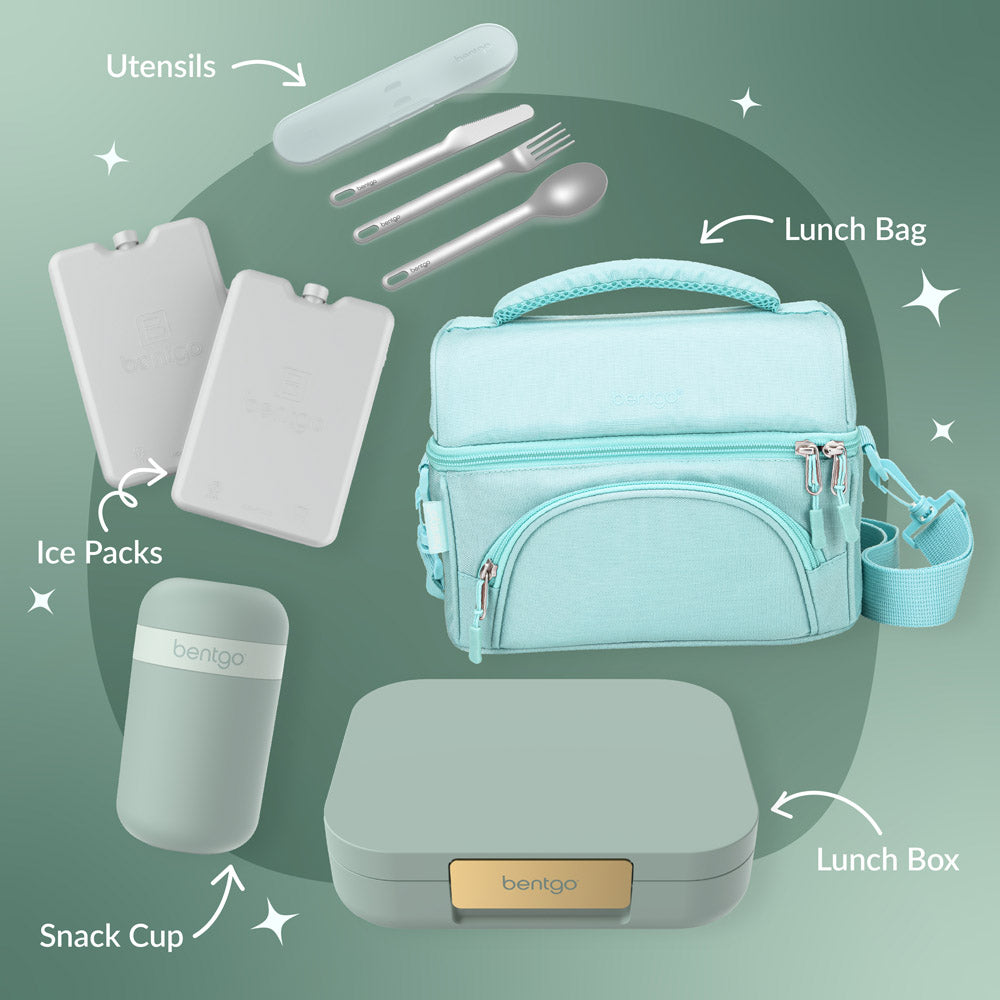 Bentgo® Modern Lunch Box Features - Mint Green. Make it a lunch set with matching utensils, ice packs, a snack cup & a lunch bag.