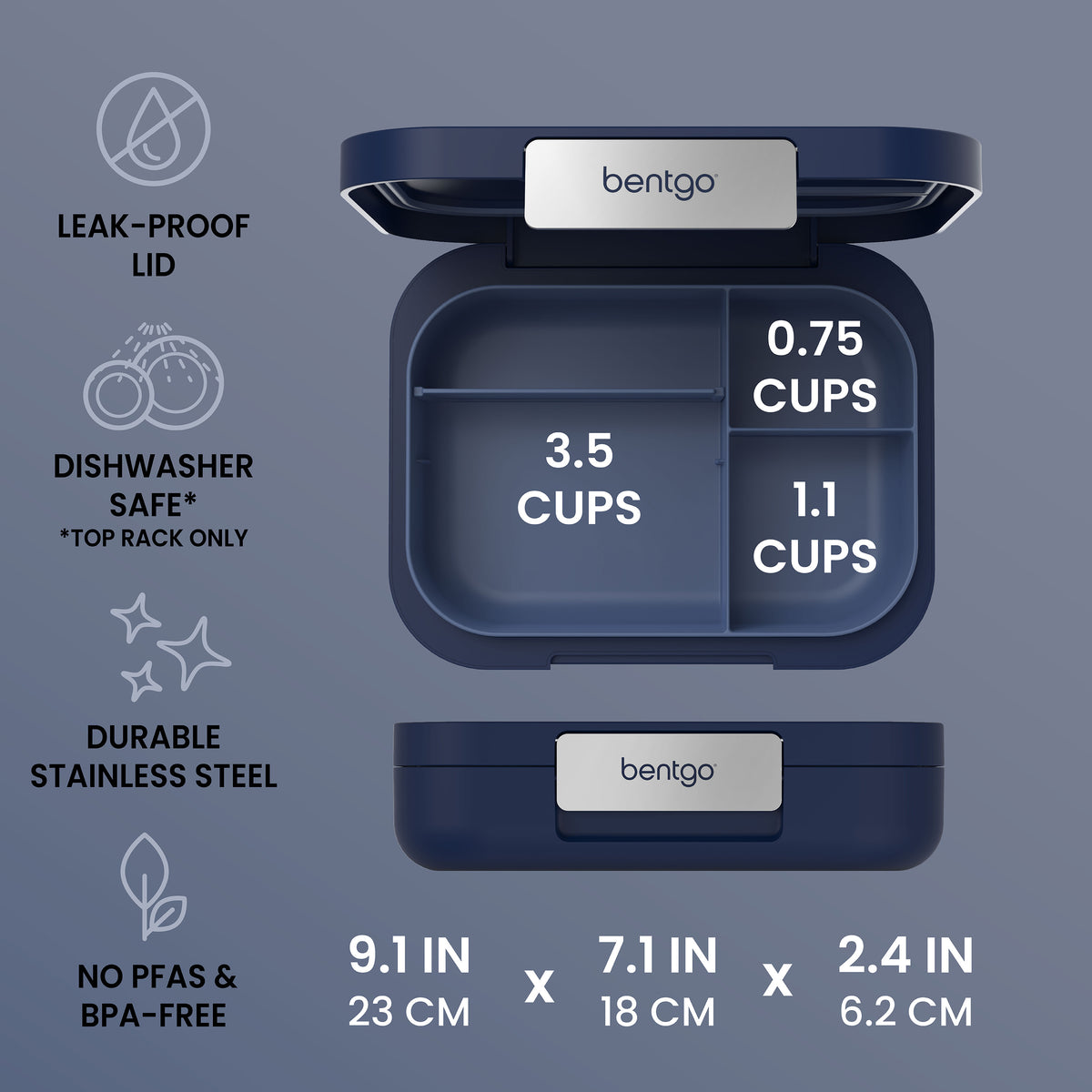 Bentgo® Modern Lunch Box - Navy | Product Dimensions | Leak-Resistant, Microwave Safe Tray, Dishwasher Safe Tray, and No PFAs & BPA-Free