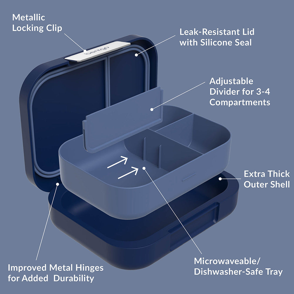 Bentgo® Modern Lunch Box - Navy | Metallic Locking Clip, Leak-Resistant with Silicone Seal, Adjustable Divider for 3-4 Compartments, Extra Thick Outer Shell, Improved Metal Hinges For Added Durability, And Microwaveable/Dishwasher-Safe Tray