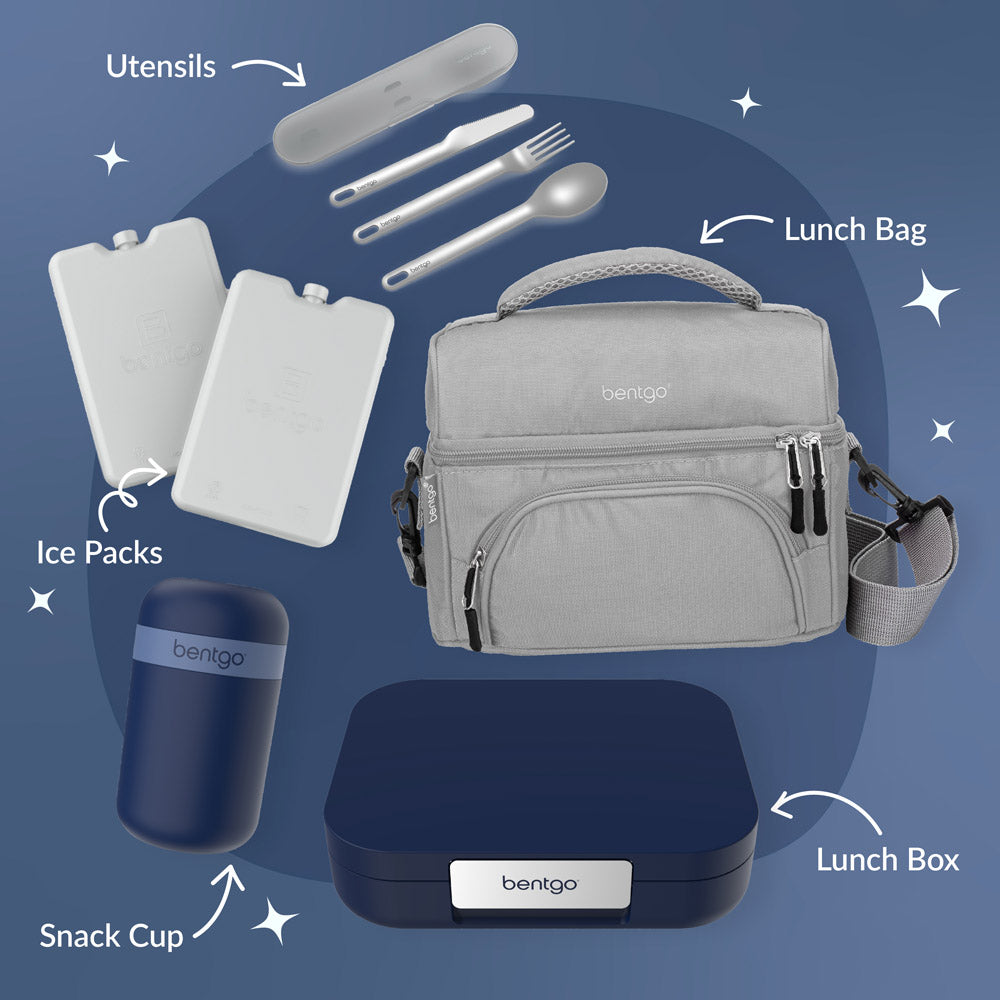 Bentgo® Modern Lunch Box Features - Navy. Make it a lunch set with matching utensils, ice packs, a snack cup & a lunch bag.