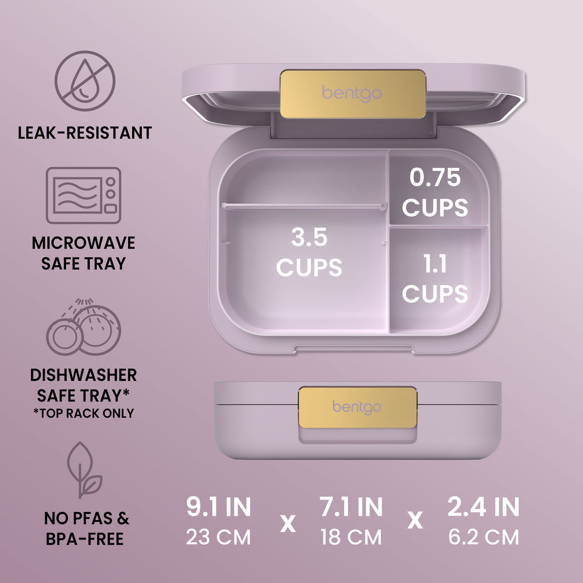 Bentgo® Modern Lunch Box - Orchid | Product Dimensions | Leak-Resistant, Microwave Safe Tray, Dishwasher Safe Tray, and No PFAs & BPA-Free