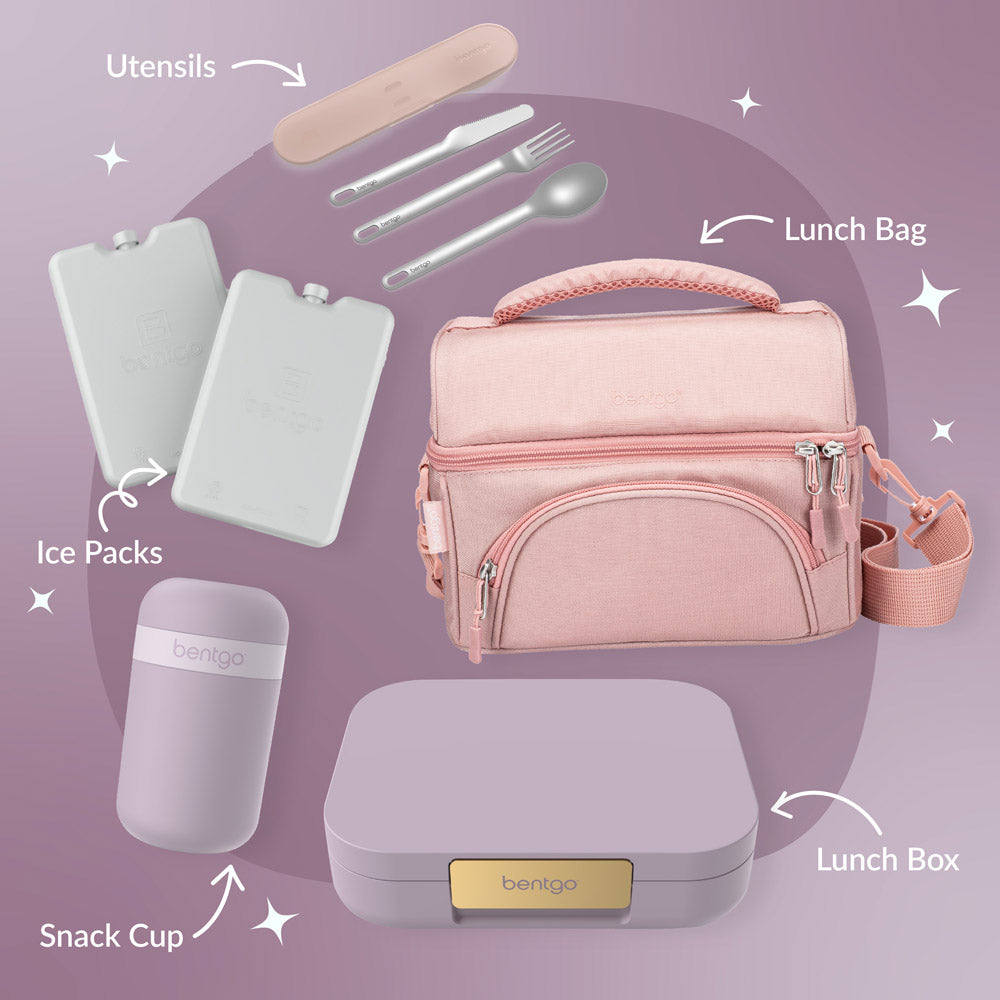 Bentgo® Modern Lunch Box Features - Orchid. Make it a lunch set with matching utensils, ice packs, a snack cup & a lunch bag.