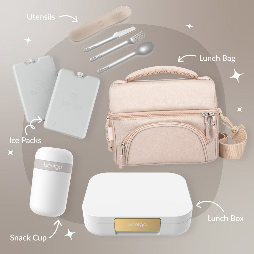 Bentgo® Modern Lunch Box Features - White. Make it a lunch set with matching utensils, ice packs, a snack cup & a lunch bag.