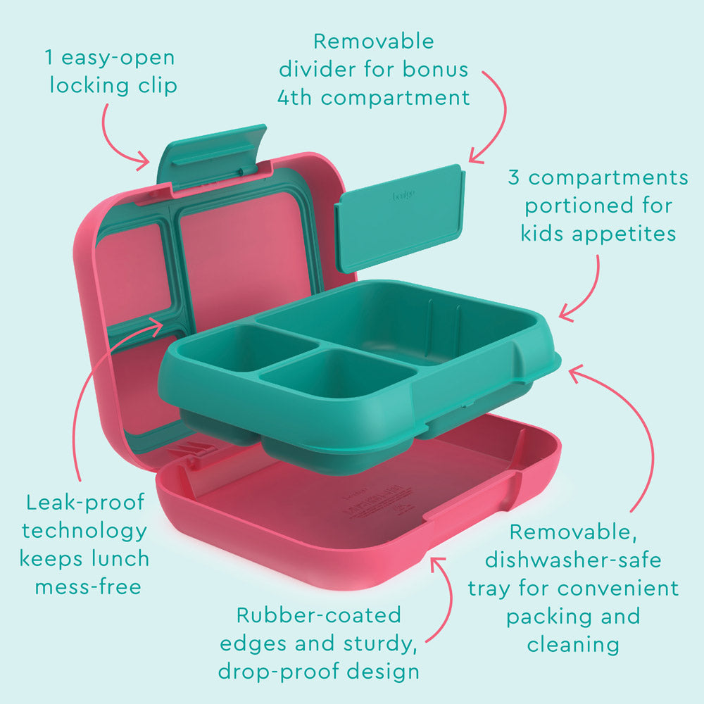 Bentgo® Pop Lunch Box - Bright Coral/Teal | Pop Lunch Box Features Include Easy To Open-Open Locking Clips, Leak-Proof Technology Keeps Lunch Mess-Free, And Rubber-Coated Edges And Sturdy, Drop-Proof Design