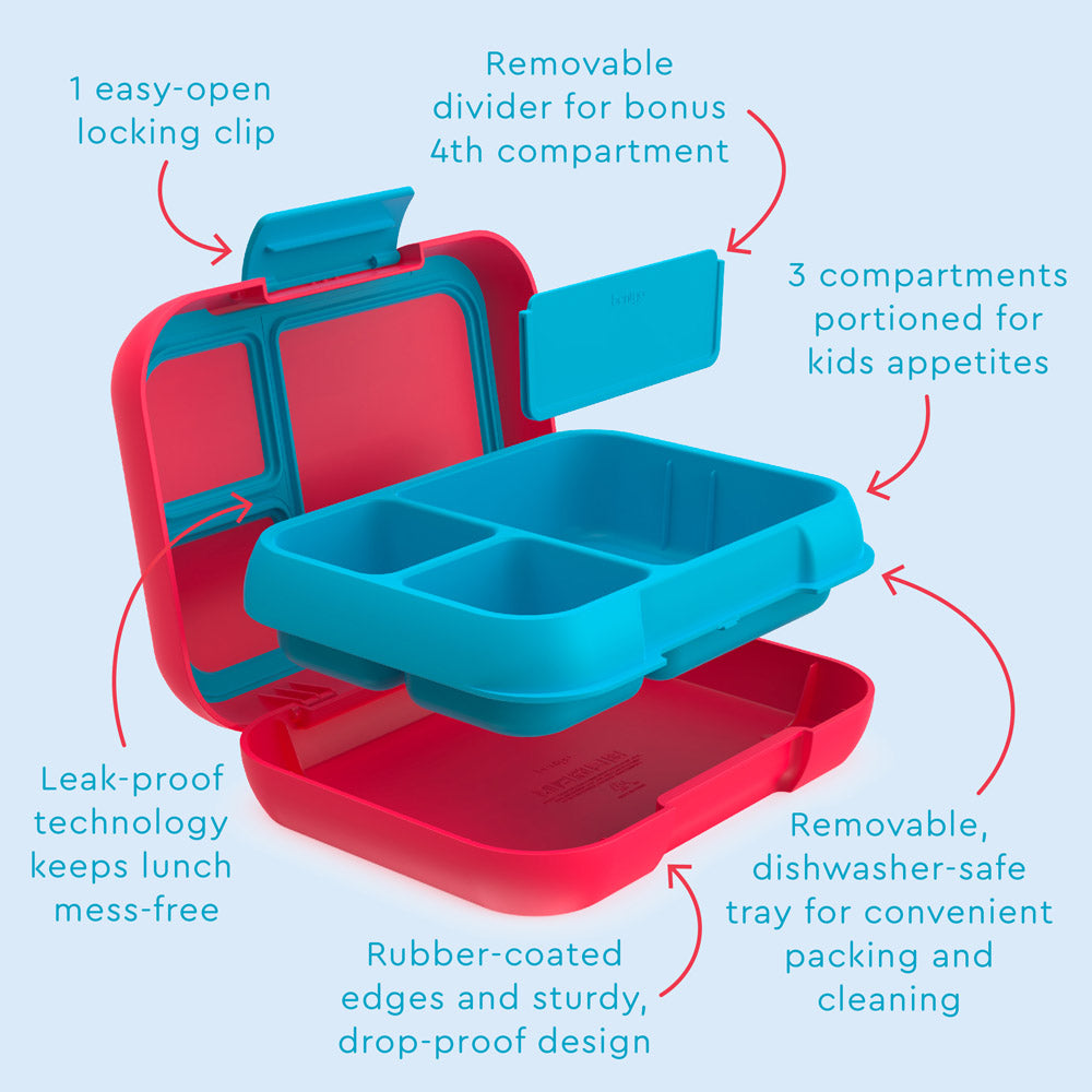 Bentgo® Pop Lunch Box - Flame Red/Turquoise | Pop Lunch Box Features Include Easy To Open-Open Locking Clips, Leak-Proof Technology Keeps Lunch Mess-Free, And Rubber-Coated Edges And Sturdy, Drop-Proof Design