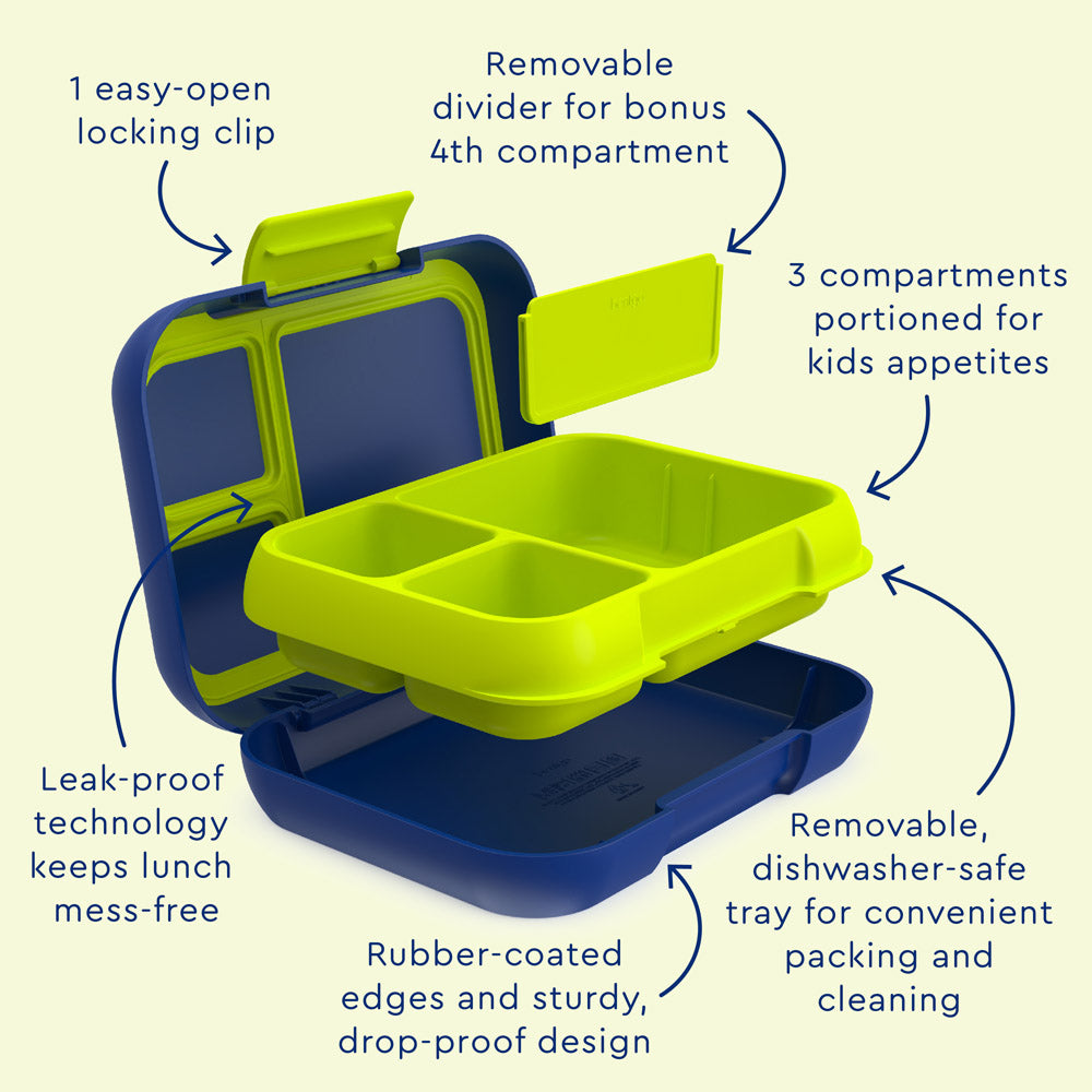 Bentgo® Pop Lunch Box - Navy Blue/Chartreuse | Pop Lunch Box Features Include Easy To Open-Open Locking Clips, Leak-Proof Technology Keeps Lunch Mess-Free, And Rubber-Coated Edges And Sturdy, Drop-Proof Design