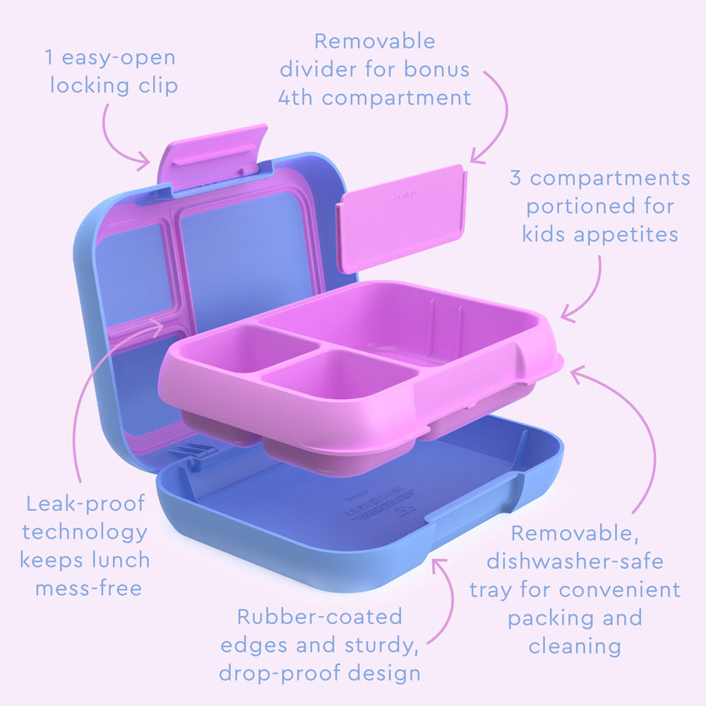 Bentgo® Pop Lunch Box - Periwinkle/Pink | Pop Lunch Box Features Include Easy To Open-Open Locking Clips, Leak-Proof Technology Keeps Lunch Mess-Free, And Rubber-Coated Edges And Sturdy, Drop-Proof Design