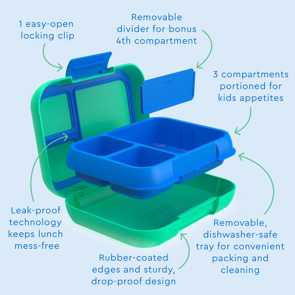Bentgo® Pop Lunch Box - Spring Green/Blue | Pop Lunch Box Features Include Easy To Open-Open Locking Clips, Leak-Proof Technology Keeps Lunch Mess-Free, And Rubber-Coated Edges And Sturdy, Drop-Proof Design
