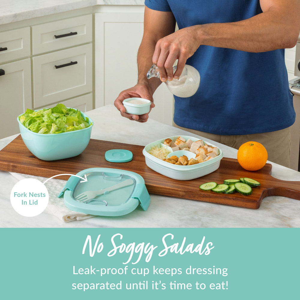 Bentgo® All-in-One Salad Container  - Coastal Aqua | No Soggy Salads - Leak-Proof Cup Keeps Dressing Separated Until It’s Time To Eat!
