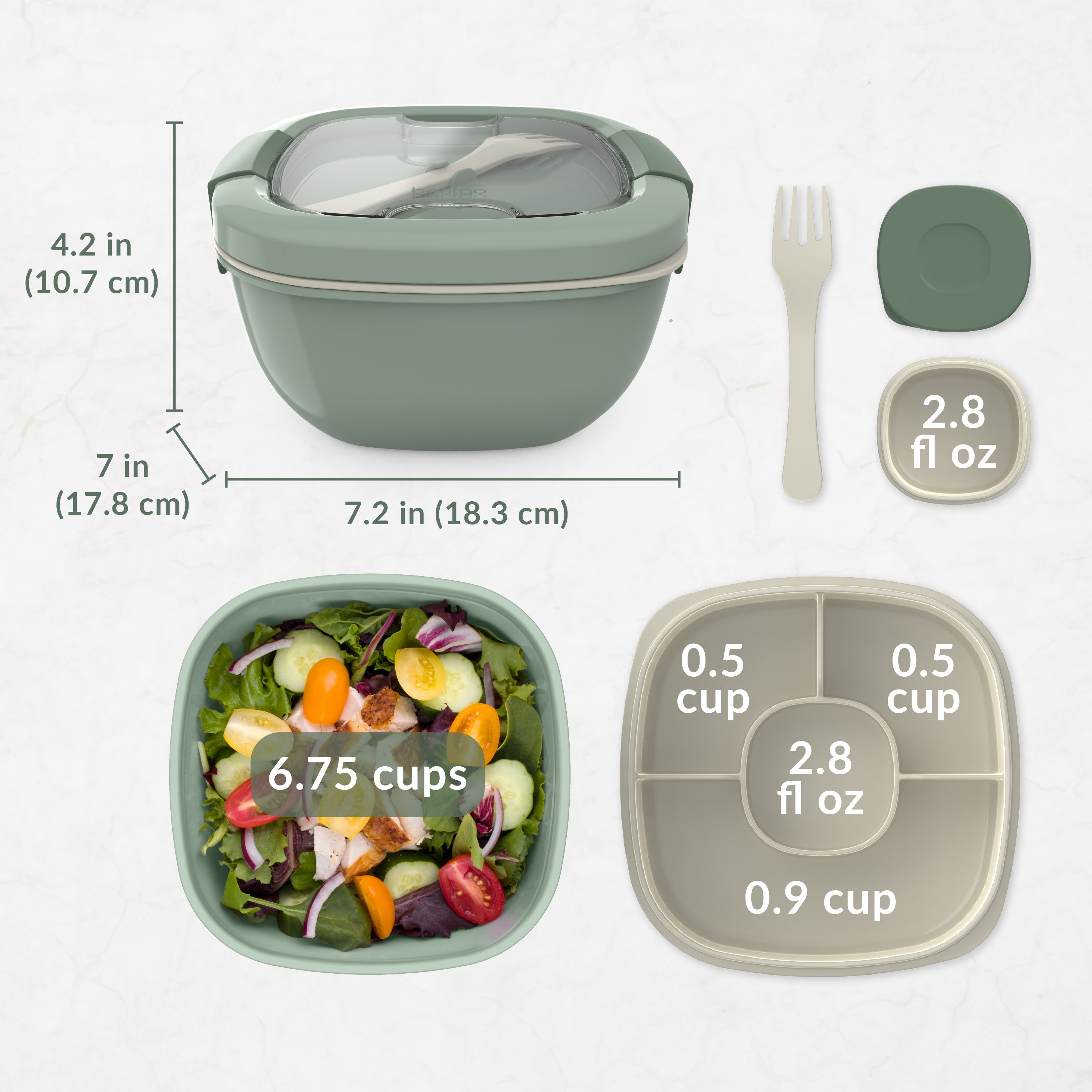Bentgo® All-in-One Salad Container  - Khaki Green | Dimensions And What’s In The Box