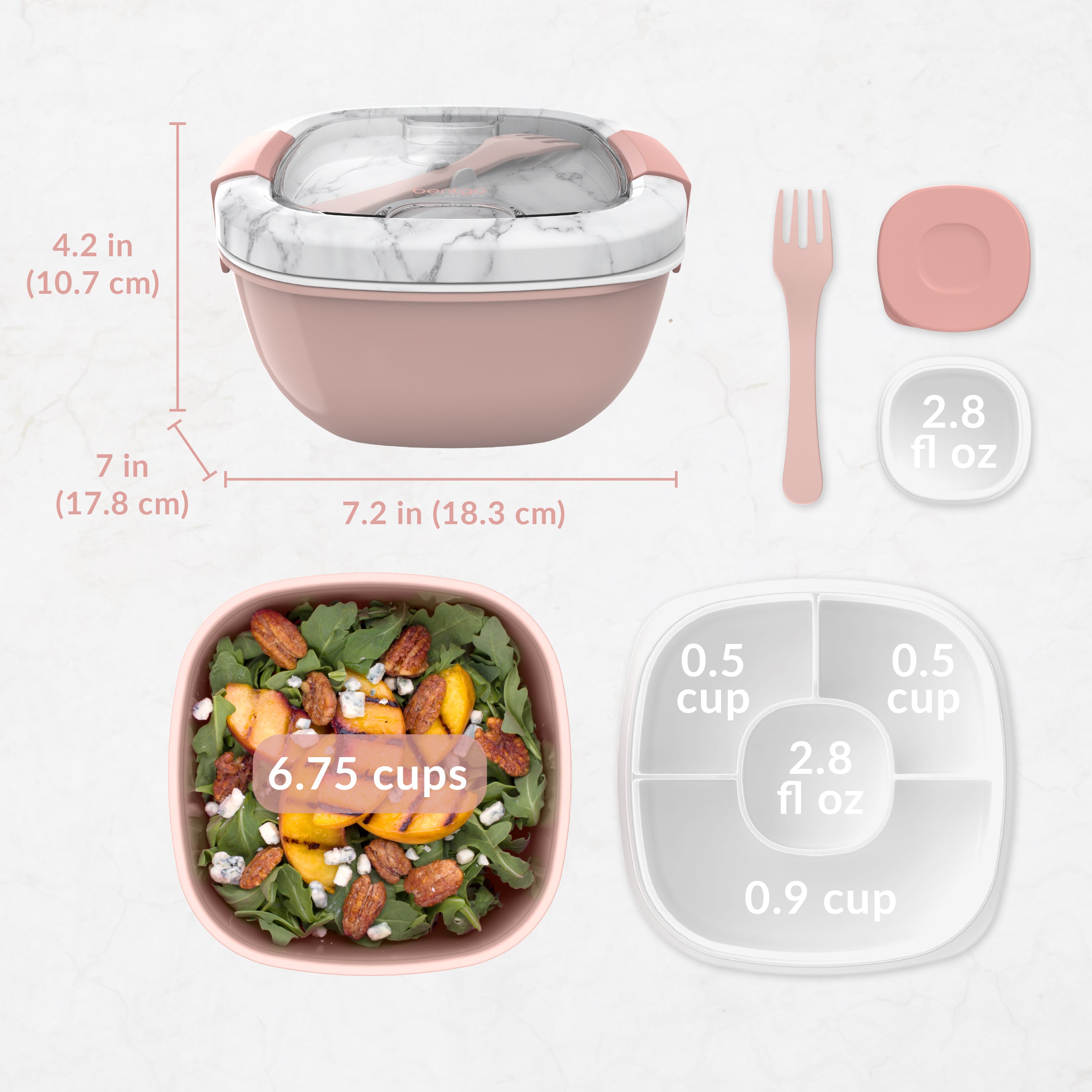 Bentgo® All-in-One Salad Container  - Blush Marble | Dimensions And What’s In The Box