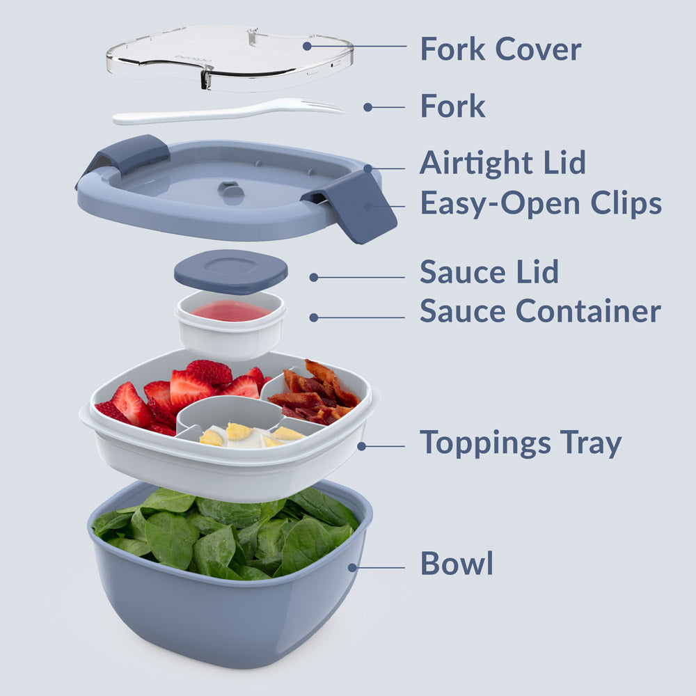 Bentgo® All-in-One Salad Container  - Slate | Includes Fork Cover, Fork, Airtight Lid, Easy-Open Clips, Sauce Lid, Sauce Container, Toppings Tray, And Bowl