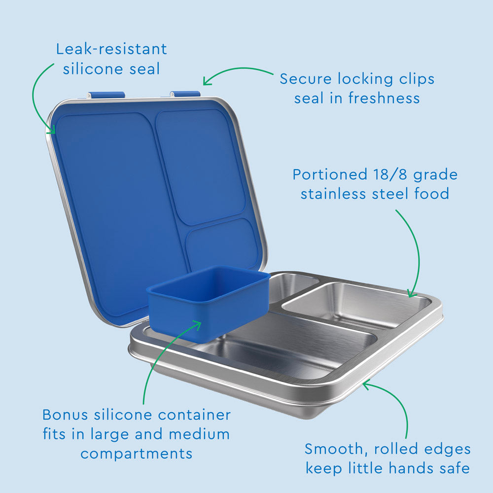 Bentgo® Kids Stainless Steel Lunch Box  - Blue | Leak-Resistant Silicone Seal, Secure Locking Clips Seal In Freshness, Portioned 18/8 Grade Stainless Steel Food, Bonus Silicone Container Fits In Large And Medium Compartments, And Smooth, Rolled Edges Keep Little Hands Safe