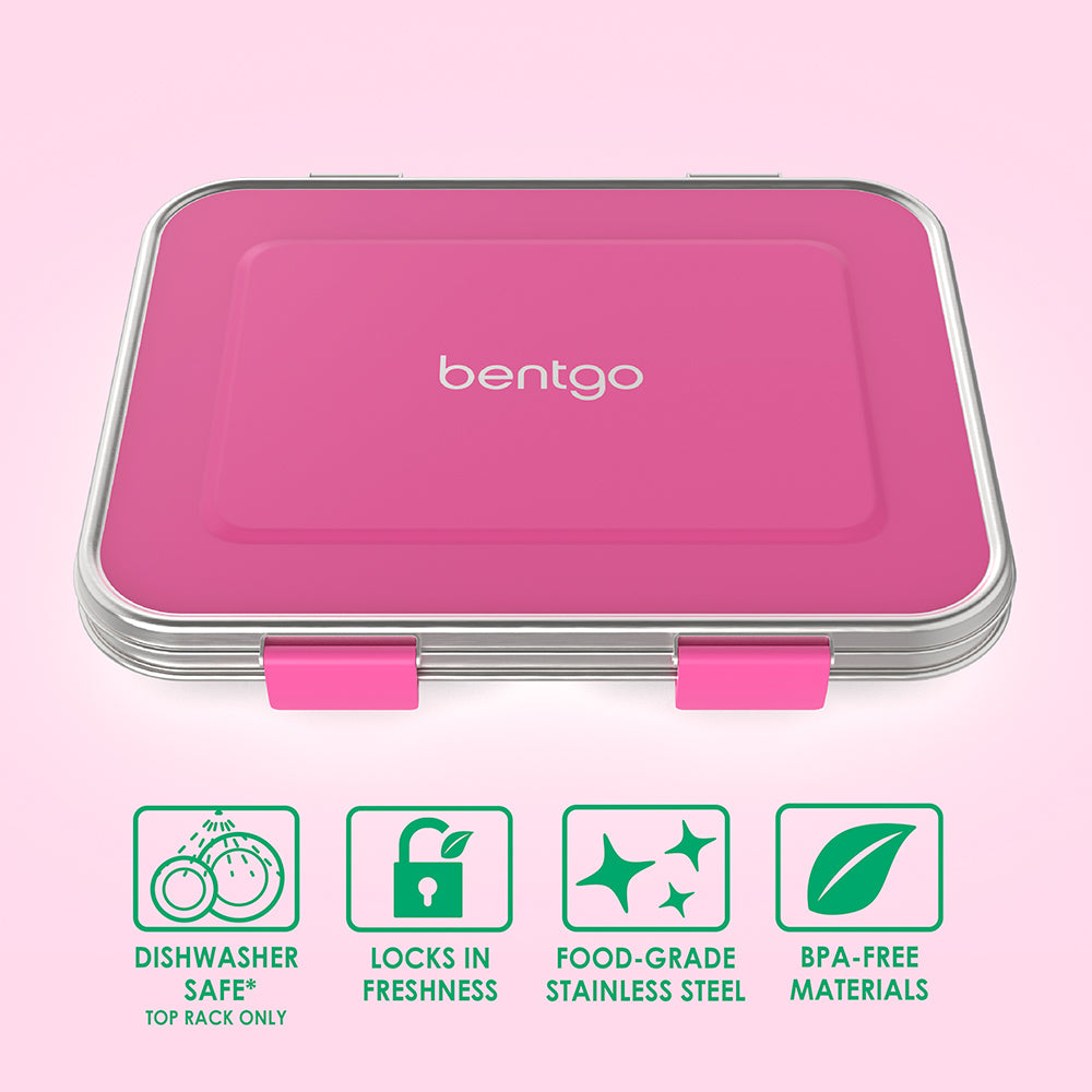Bentgo® Kids Stainless Steel Lunch Box  - Fuchsia | Dishwasher Safe (Top Rack Only), Locks In Freshness, Food-Grade Stainless Steel, And Made With BPA-Free Materials