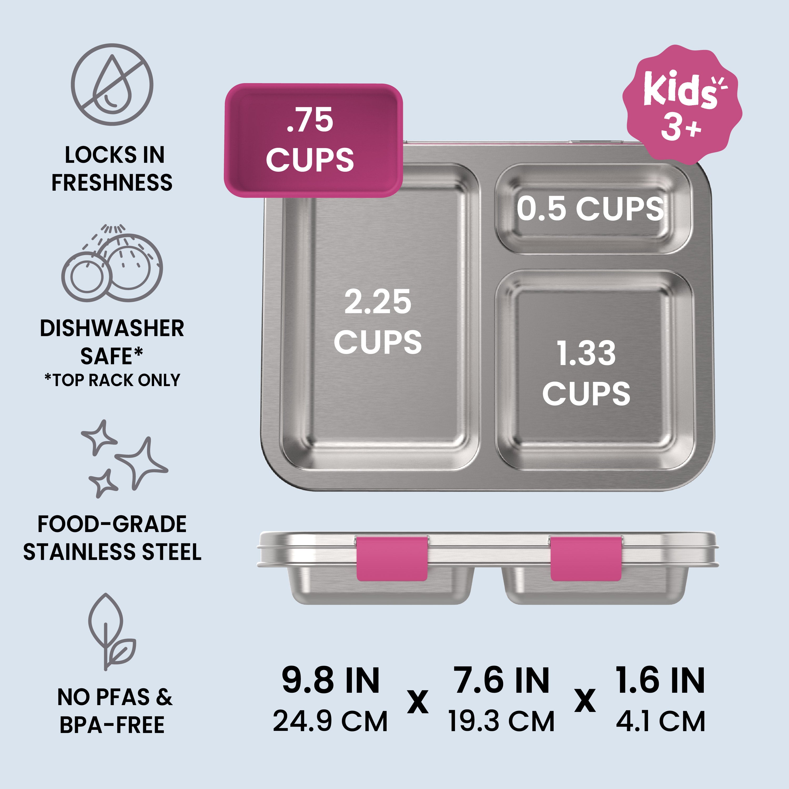Bentgo Kids Stainless Steel Lunch Box (2-Pack) - Fuchsia | Locks In Freshness, Dishwasher Safe (Top Rack Only), Food-Grade Stainless Steel, And No PFAS & BPA-Free