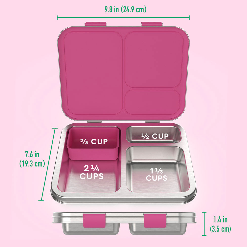 Bentgo® Kids Stainless Steel Lunch Box  - Fuchsia | What’s In The Box + Dimensions