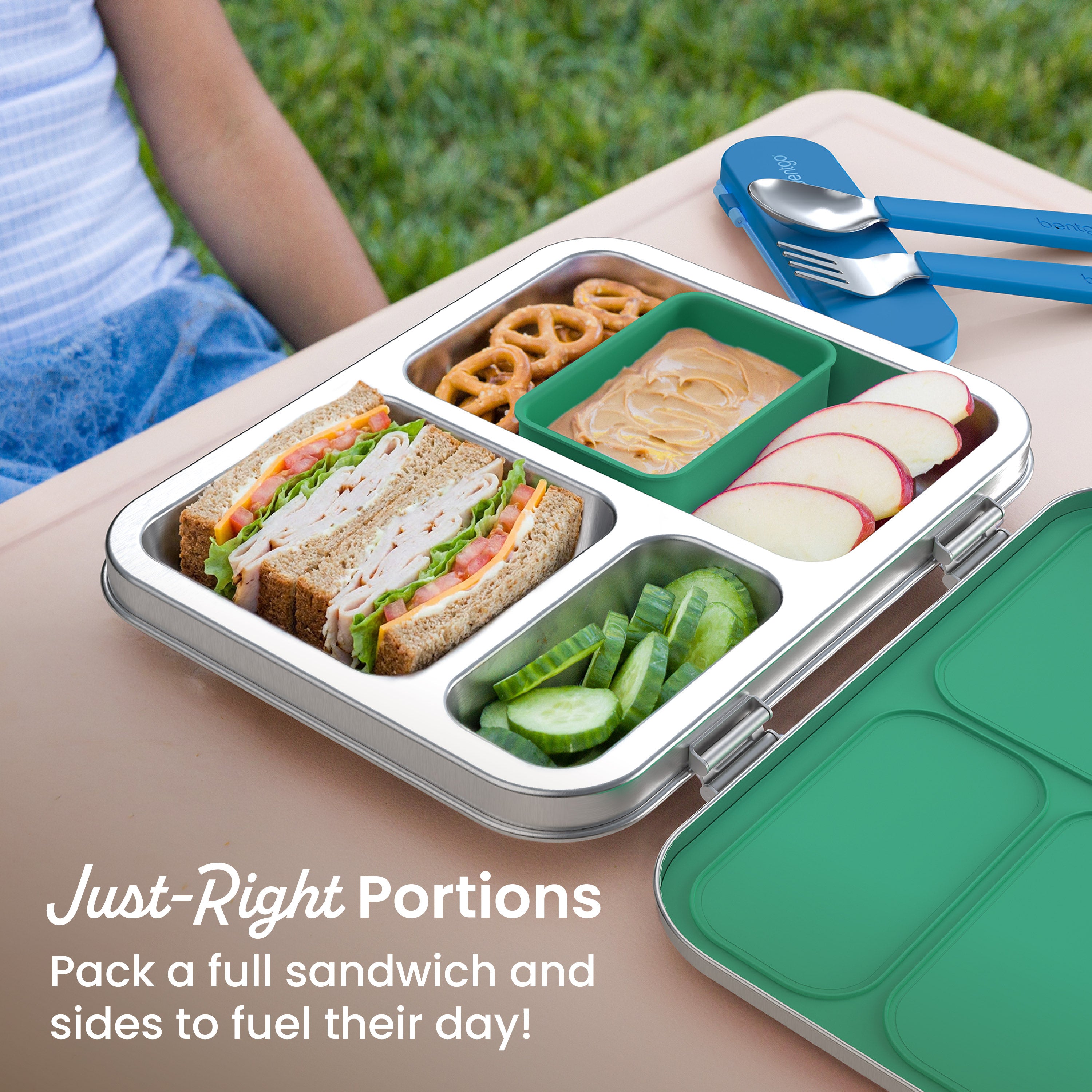 Bentgo Kids Stainless Steel Lunch Box (2-Pack) - Green | Just-Right Portions - Pack A Full Sandwich And Sides To Fuel Their Day!