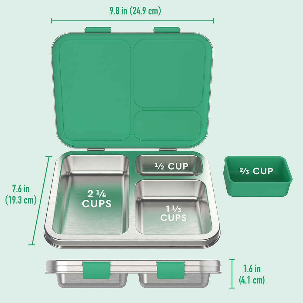 Bentgo® Kids Stainless Steel Lunch Box  - Green | What’s In The Box + Dimensions
