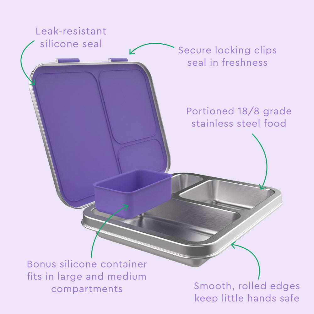 Bentgo® Kids Stainless Steel Lunch Box  - Purple | Leak-Resistant Silicone Seal, Secure Locking Clips Seal In Freshness, Portioned 18/8 Grade Stainless Steel Food, Bonus Silicone Container Fits In Large And Medium Compartments, And Smooth, Rolled Edges Keep Little Hands Safe