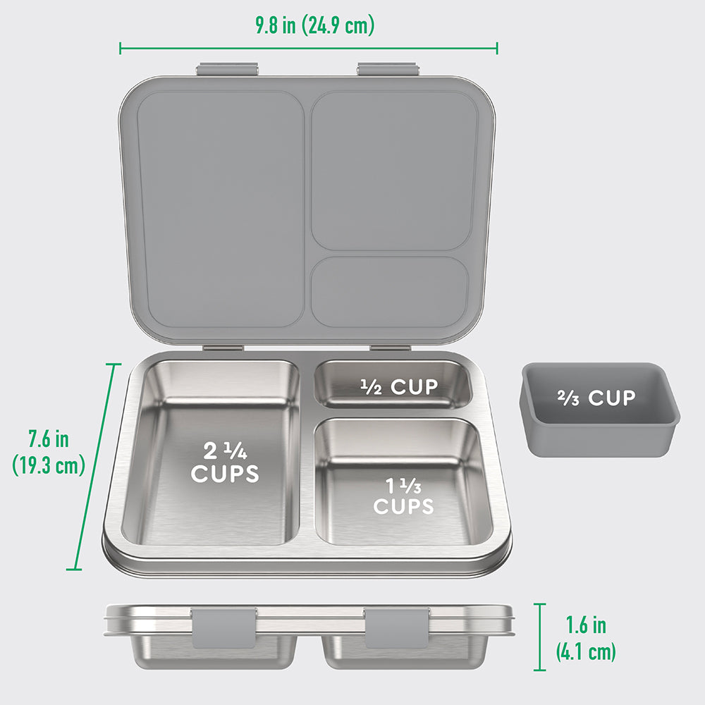 Bentgo® Kids Stainless Steel Lunch Box  - Silver | What’s In The Box + Dimensions