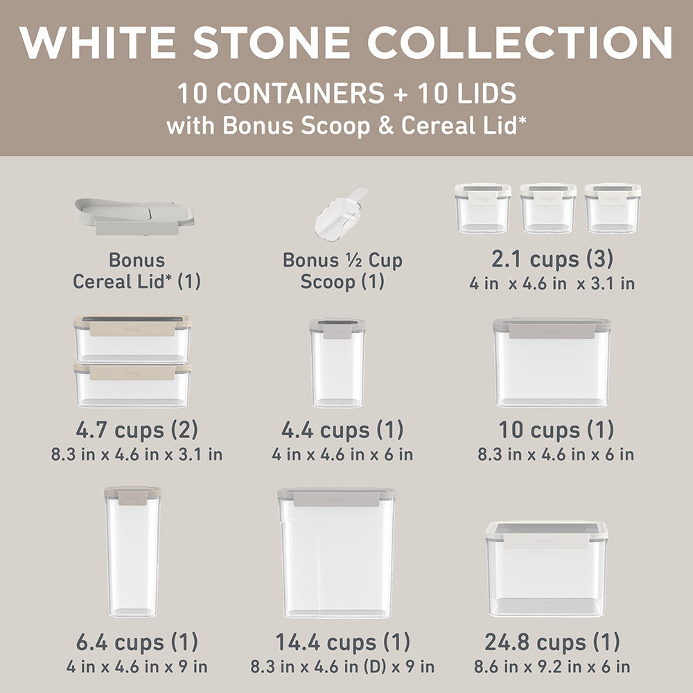 Bentgo® Pantry Airtight Food Storage Containers (22-pcs)  - White Stone | Dimensions