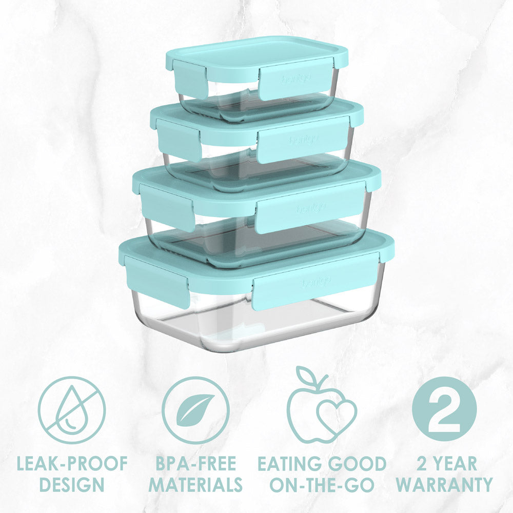 Bentgo® 8-Piece Leak-Proof Glass Food Storage Set - Soft Aqua | Leak-Proof Design, BPA-Free Materials, Eating Good On-The-Go, And Comes With A 2 Year Warranty