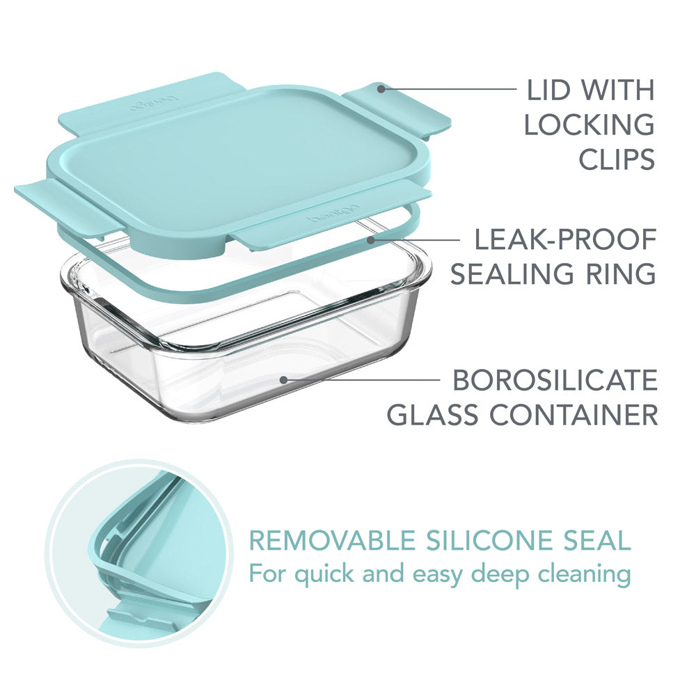 Bentgo® 8-Piece Leak-Proof Glass Food Storage Set - Soft Aqua | Features Lid With Locking Clips, Leak-Proof Sealing Ring, Borosilicate Glass Container, And Removable Silicone Seal