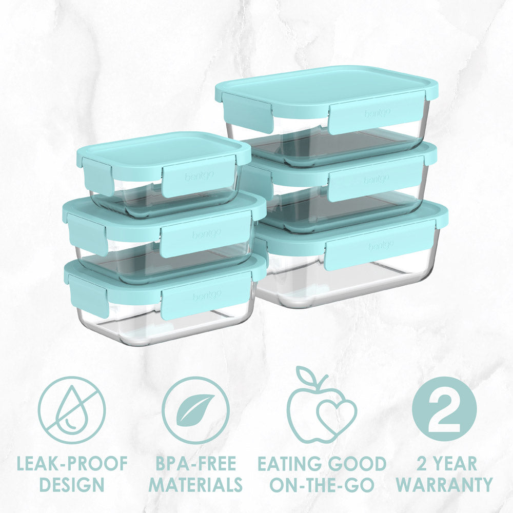 Bentgo® Glass Leak-Proof Food Storage Set (12-Piece) - Soft Aqua | Leak-Proof Design, BPA-Free Materials, Eating Good On-The-Go, And Comes With A 2 Year Warranty
