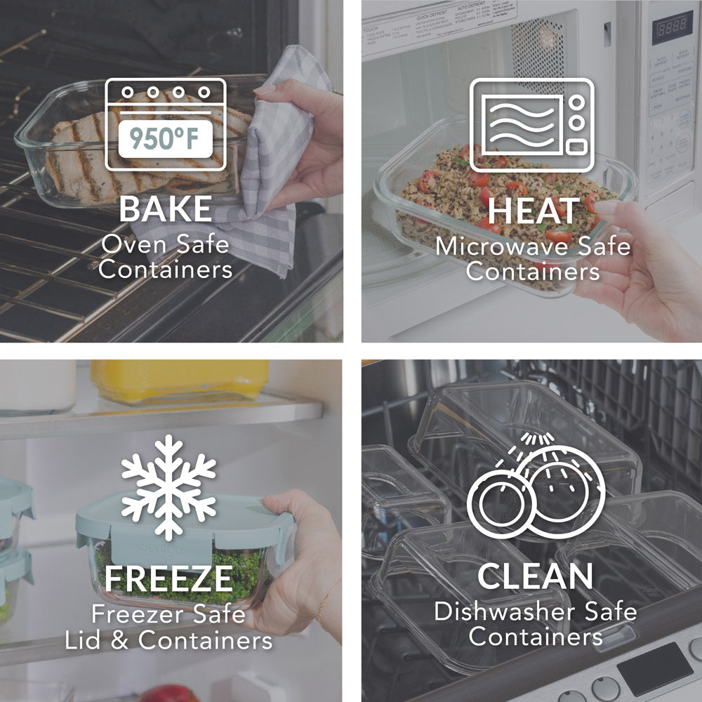 Bentgo® Glass Leak-Proof Food Storage Set (12-Piece) - Soft Aqua | Oven Safe, Microwave Safe, Freezer Safe, And Dishwasher Safe Containers