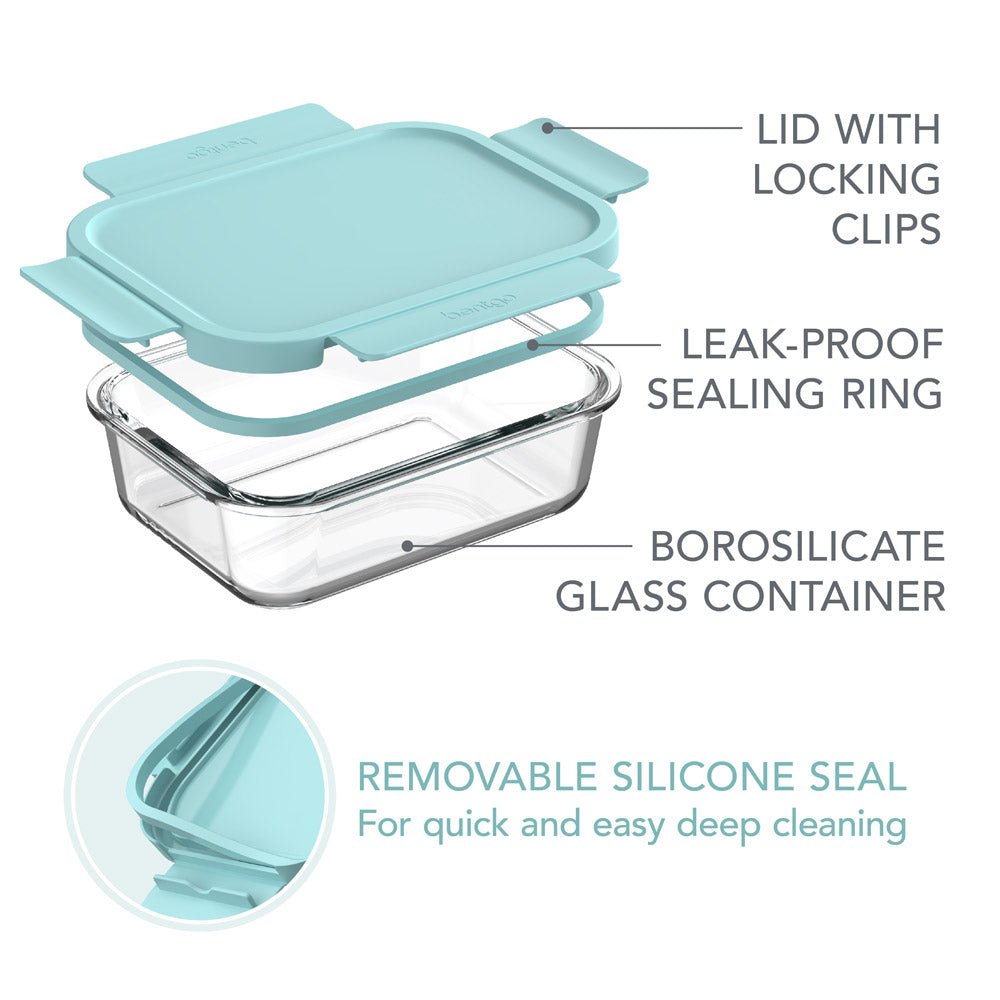 Bentgo® Glass Leak-Proof Food Storage Set (12-Piece) - Soft Aqua | Features Lid With Locking Clips, Leak-Proof Sealing Ring, Borosilicate Glass Container, And Removable Silicone Seal
