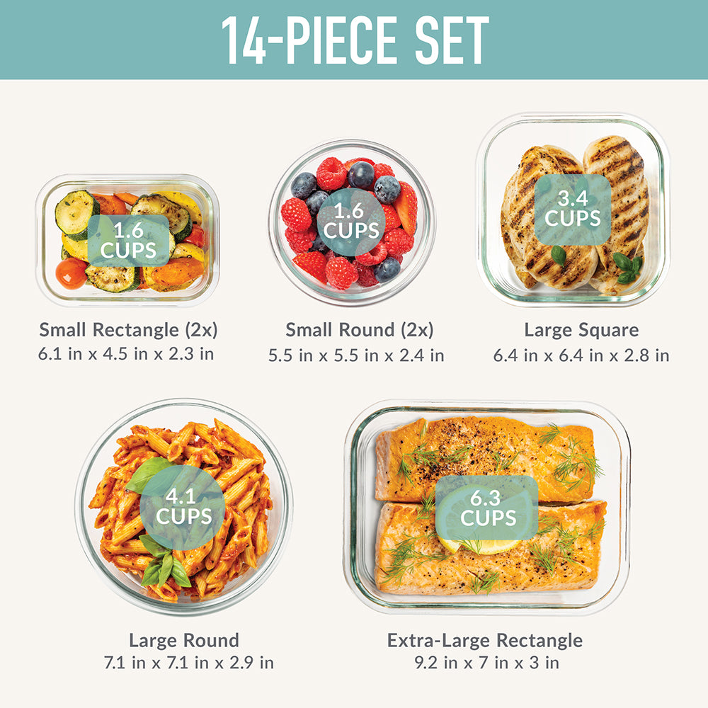 Bentgo Glass Leak-Proof Food Storage Set (14-Piece) - Soft Aqua | Dimensions + What’s In The Box