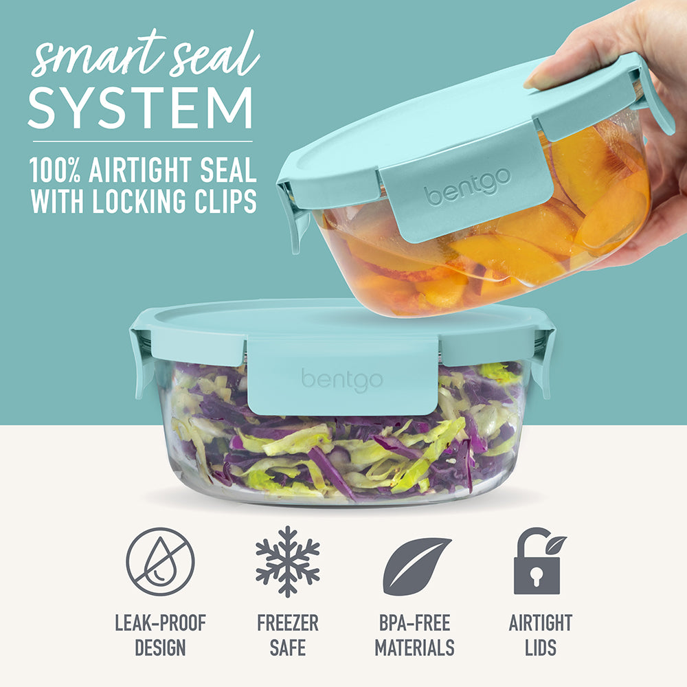Bentgo Glass Leak-Proof Food Storage Set (6-Piece) - Soft Aqua | Smart Seal System - 100% Airtight Seal With Locking Clips