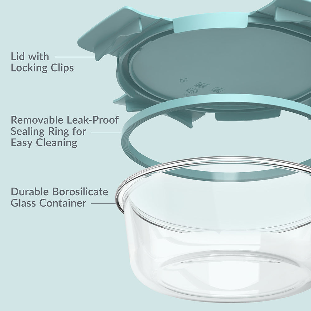 Bentgo Glass Leak-Proof Food Storage Set (6-Piece) - Soft Aqua | Lid With Locking Clips, Removable Leak-Proof Sealing Ring for Easy Cleaning, And Durable Borosilicate Glass Container