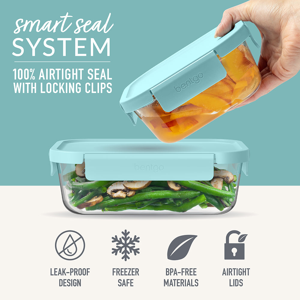 Bentgo® Glass Leak-Proof Food Storage Set (4-Piece) - Soft Aqua | Smart Seal System - 100% Airtight Seal With Locking Clips