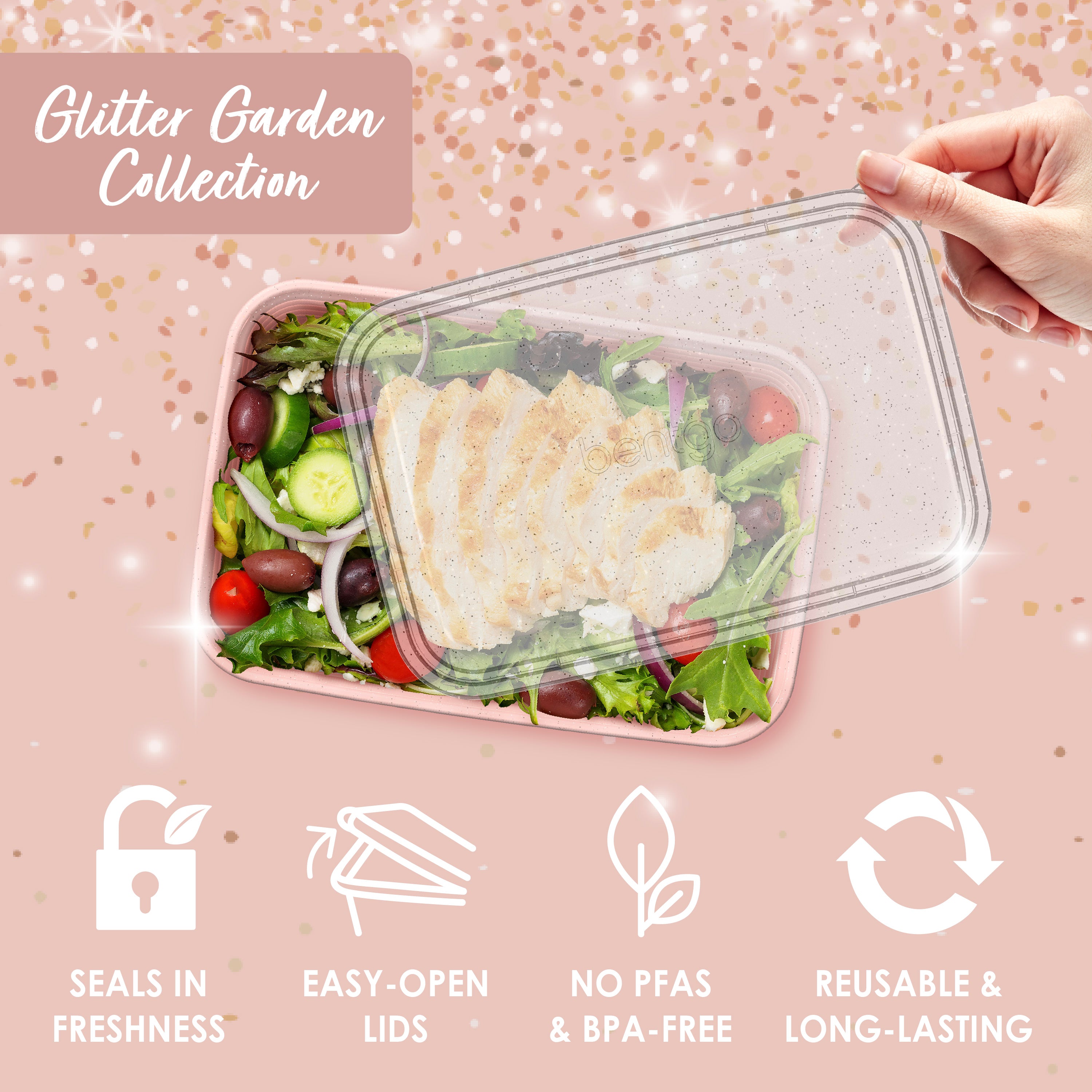 Bentgo® Prep 1-Compartment Meal Prep Containers (20-Piece)  - Peony Glitter | Seals In Freshness, Easy-Open Lids, NO PFAS & BPA-Free, Reusable & Long-Lasting