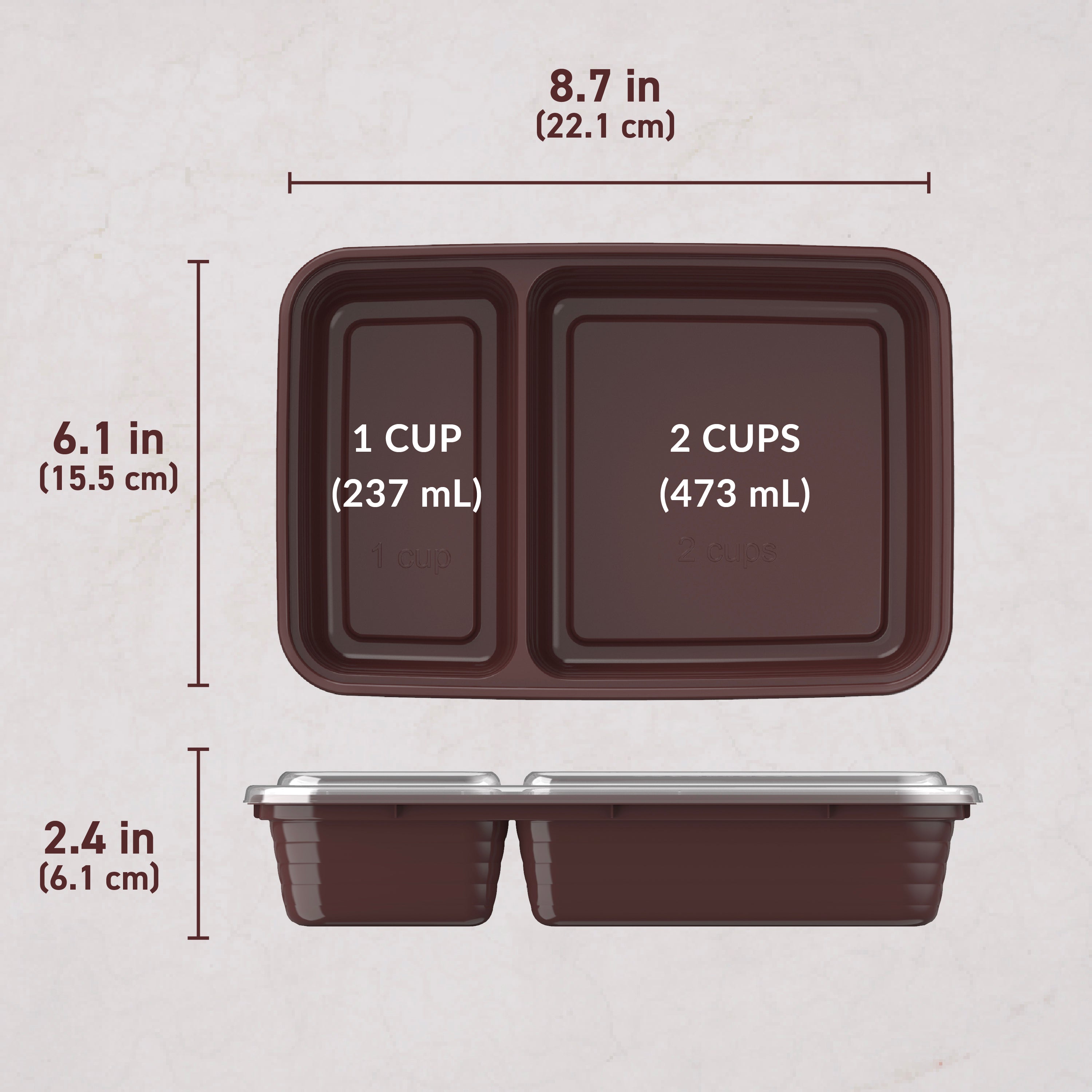Bentgo® Prep 2-Compartment Meal Prep Containers (20-Piece)  - Burgundy | Dimensions